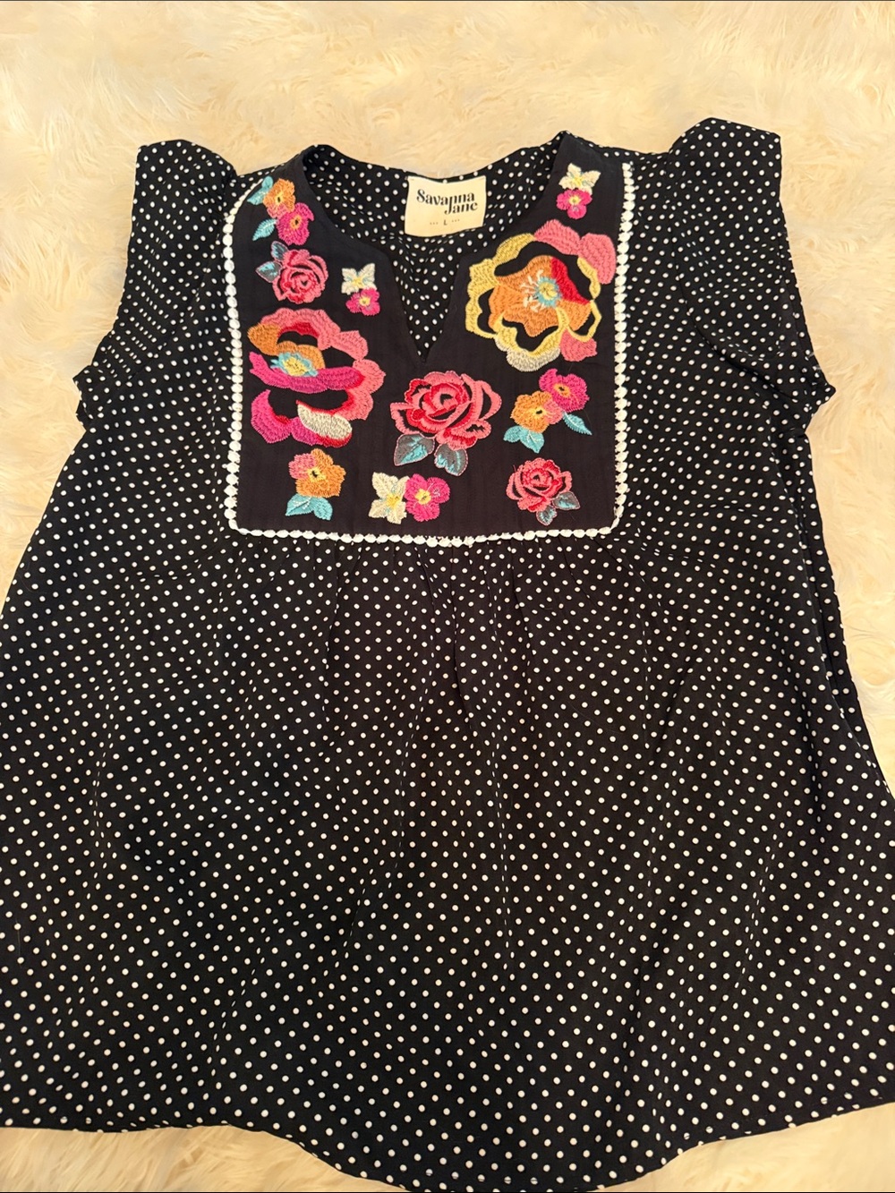 Savanna Jane Black Polka Dot Shirt with Pink & Yellow Floral Embroidery